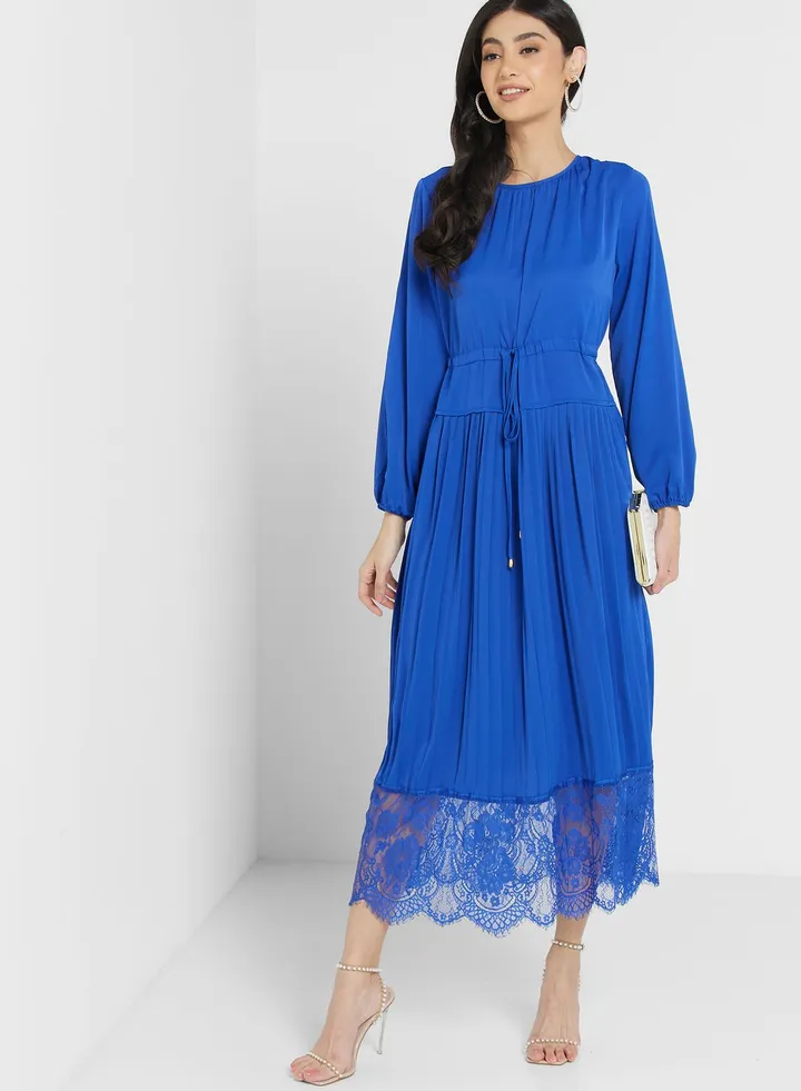 Lace Hem Pleated Detail Fit & Flare Dress