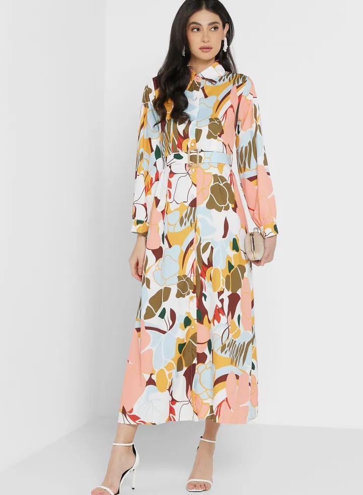 Cuff Sleeve Belted Dress