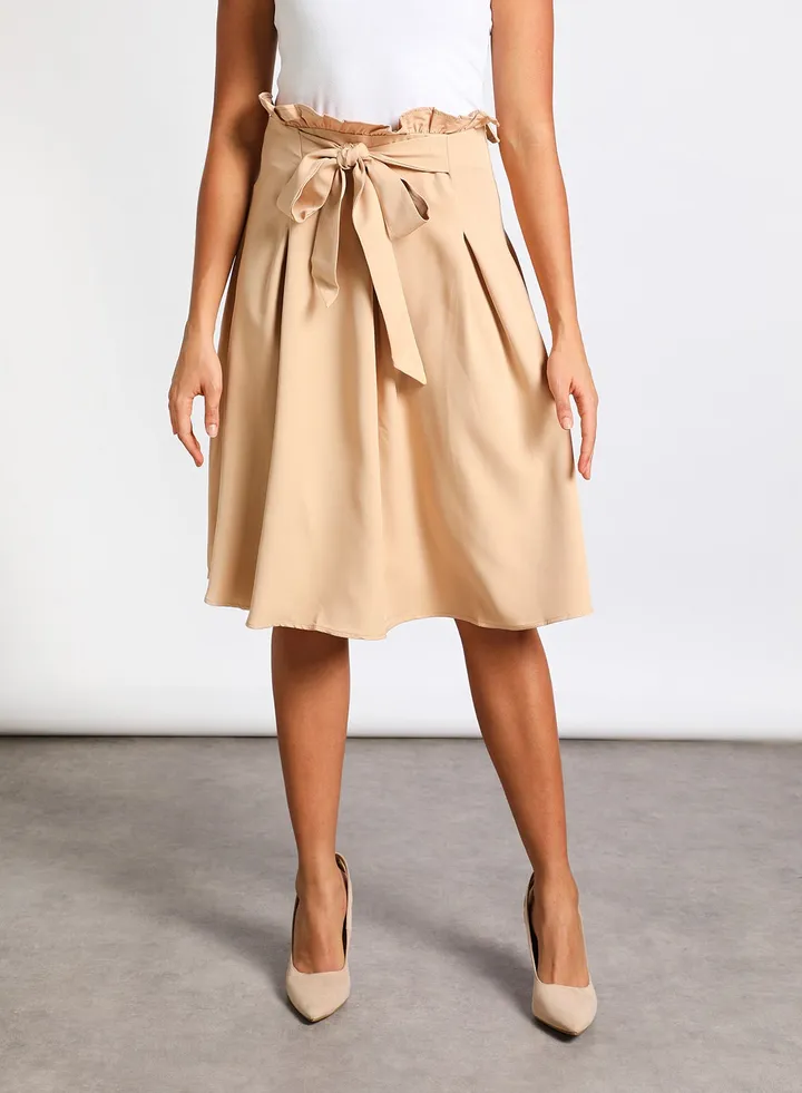 Women's Casual Ruffles Waistband Knee Length Skirt With Front Tie Brown