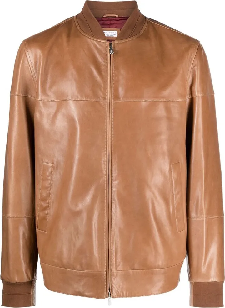 Brown Zip Up Leather Bomber Jacket