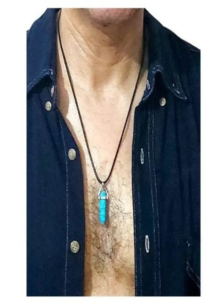 Chain with adjustable rope with luxurious turquoise pendant in the form of a pendulum or obelisk