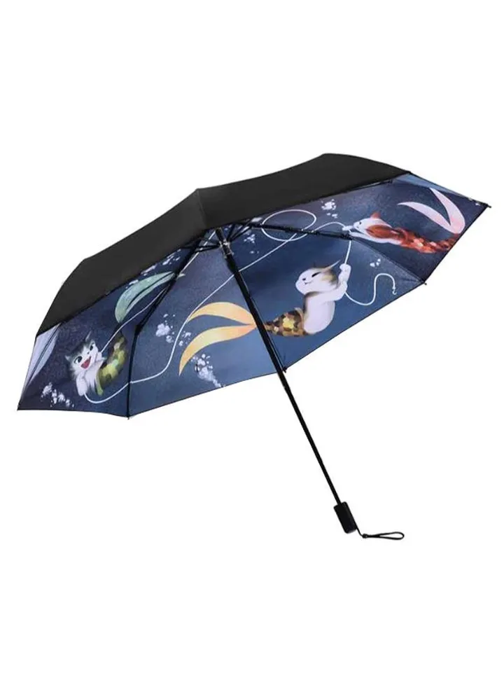Cat And Fish Print Three-Fold Qing Umbrella Multicolour