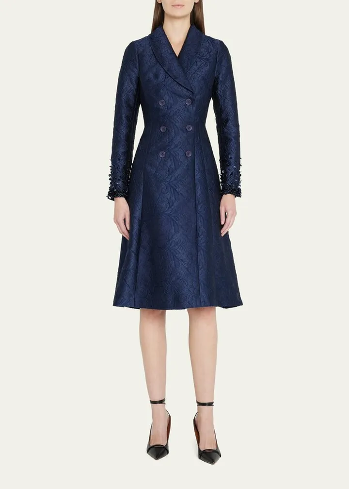 Double-Breasted Shawl-Collar Jacquard Dress