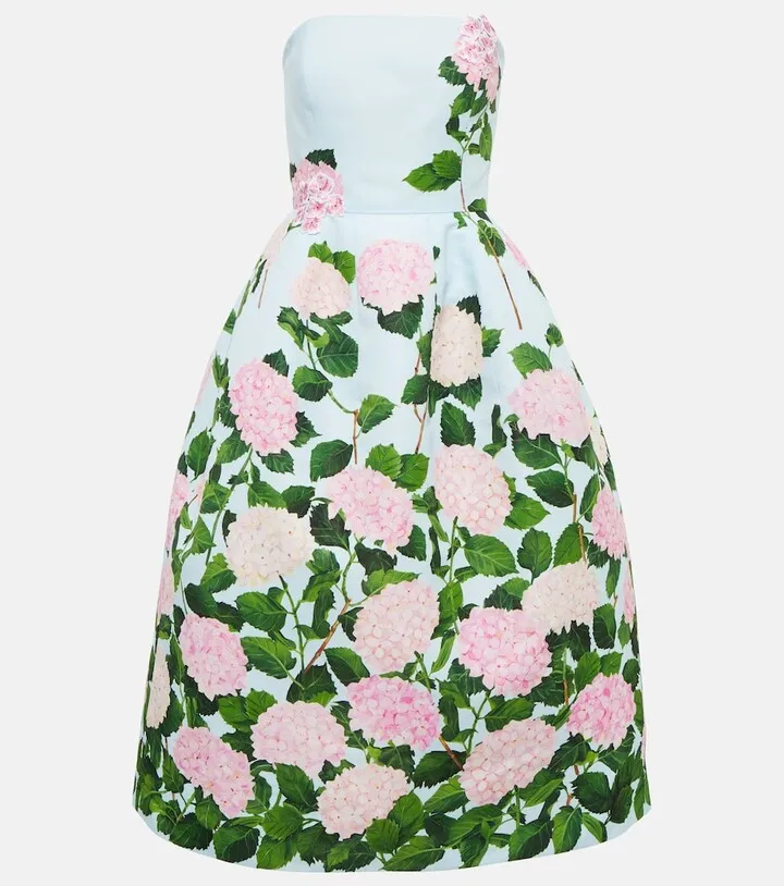 Floral strapless faille midi dress