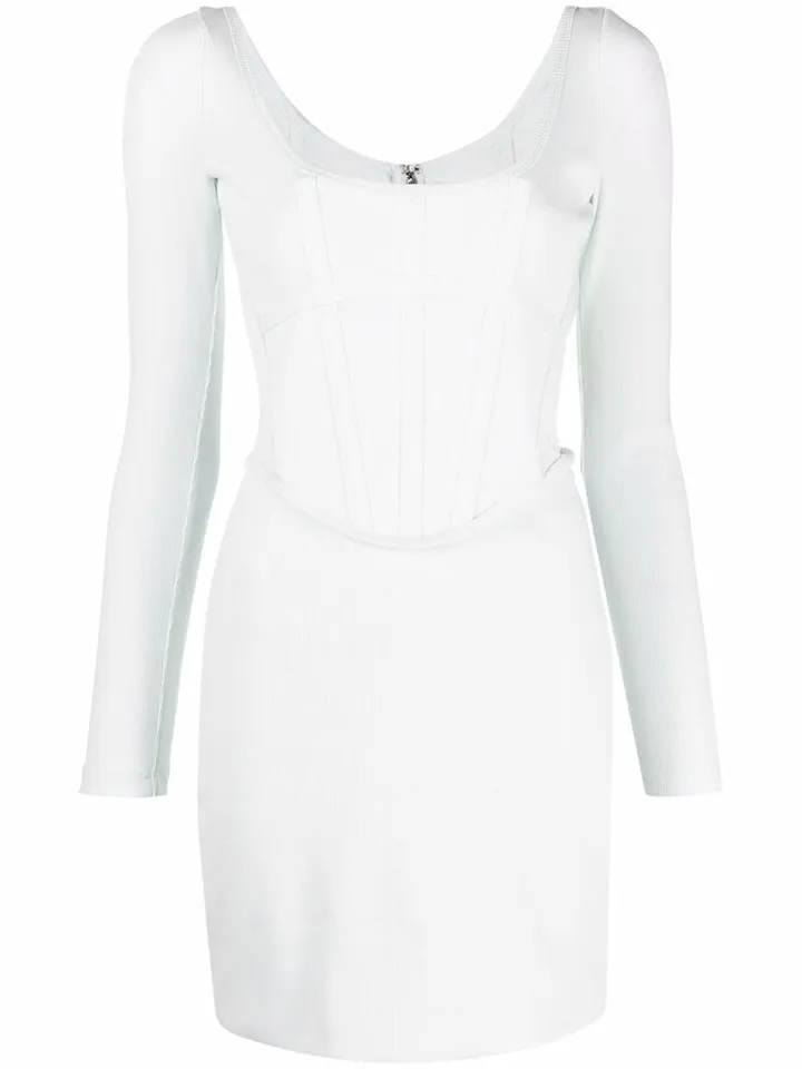 Boned-Bodice Long-Sleeve Dress