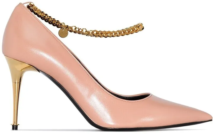 Chain-Trimmed 85mm Leather Pumps