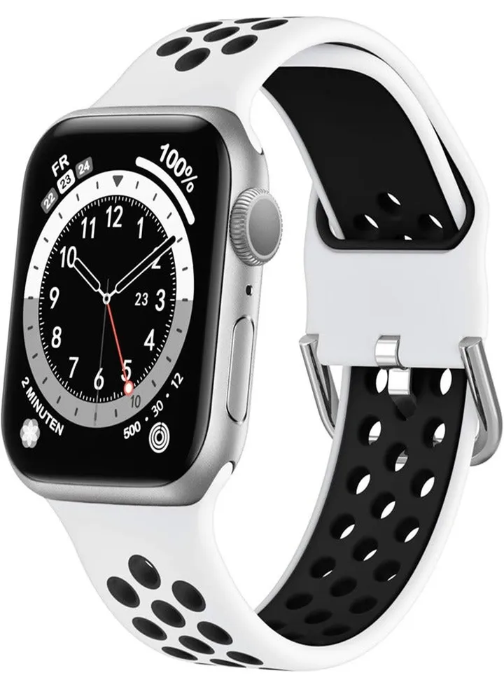 Wrist Watch STRAP Compatible with Apple Watch Bands 45mm 44mm 42mm, Soft Silicone Breathable Air Hole Sport Wristbands with Classic Clasp for iWatch Series Se/6/5/4/3/2/1, 42mm 44mm 45mm - White/Black