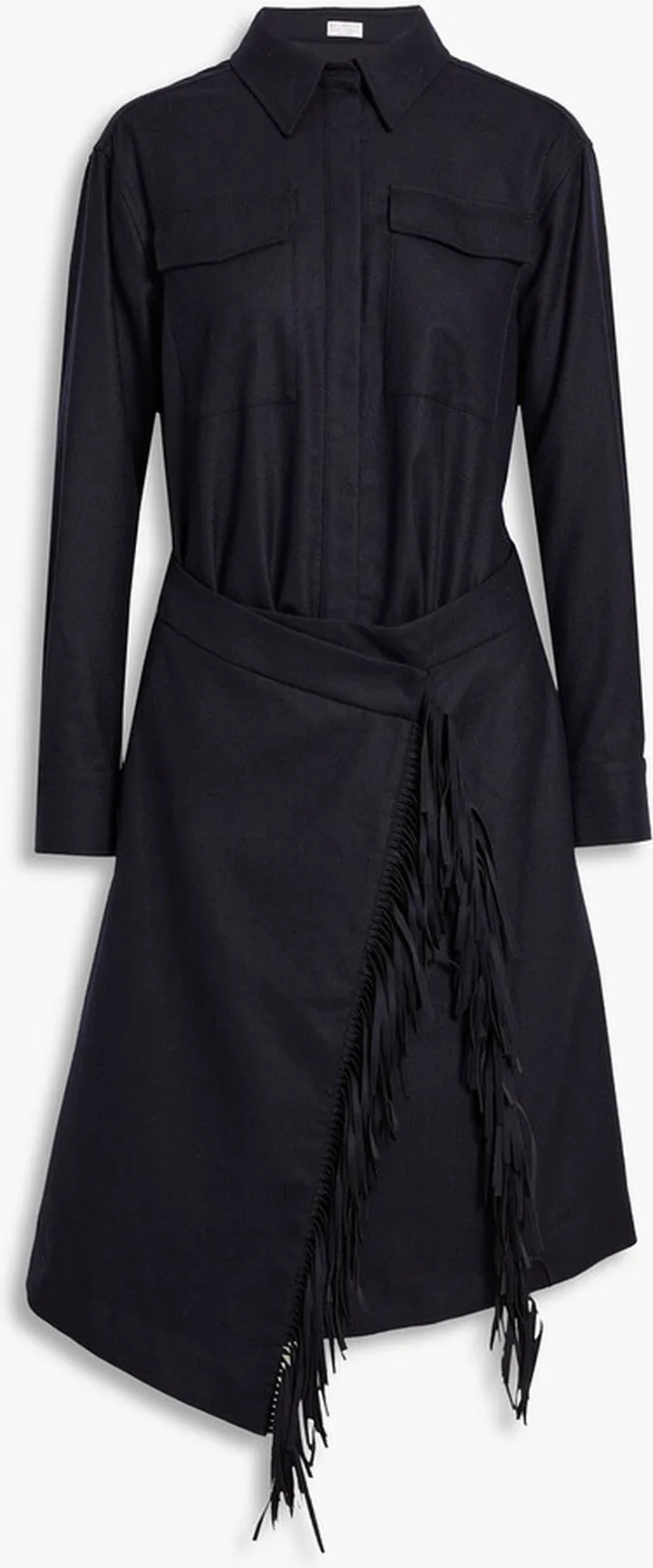 Wrap-effect fringed wool-blend flannel dress