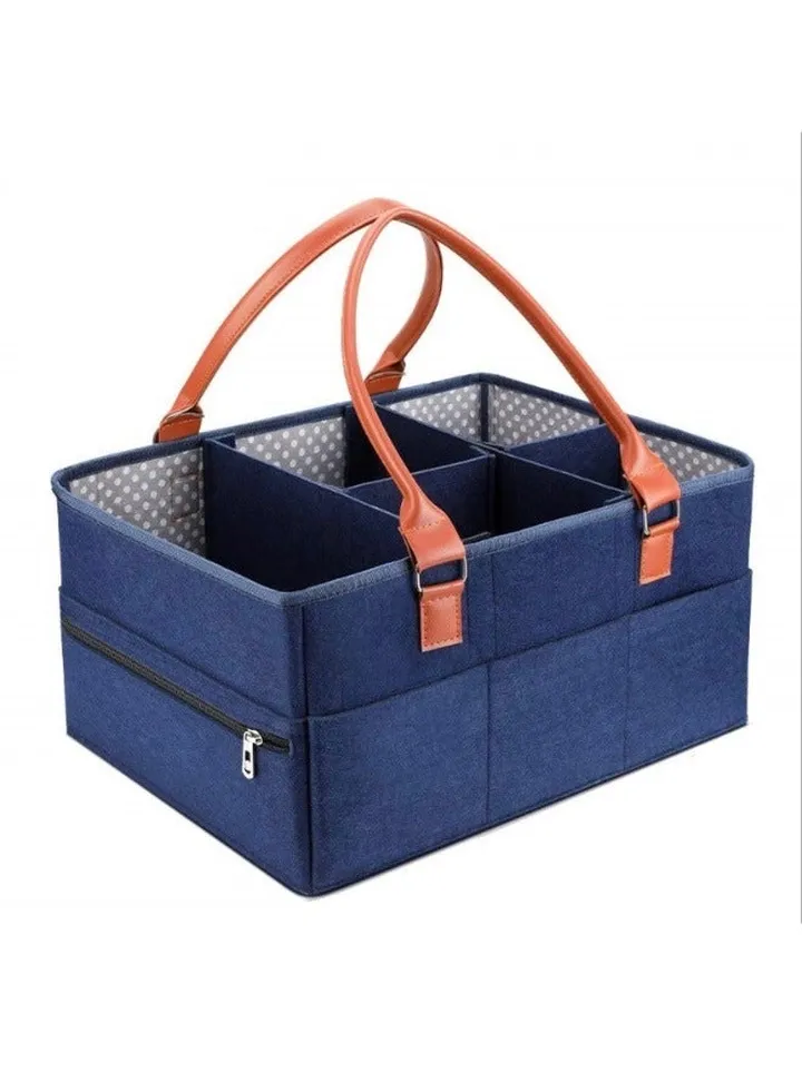 Baby Diaper Caddy Bag With Zipper Lid And Leather Handle Dark Blue