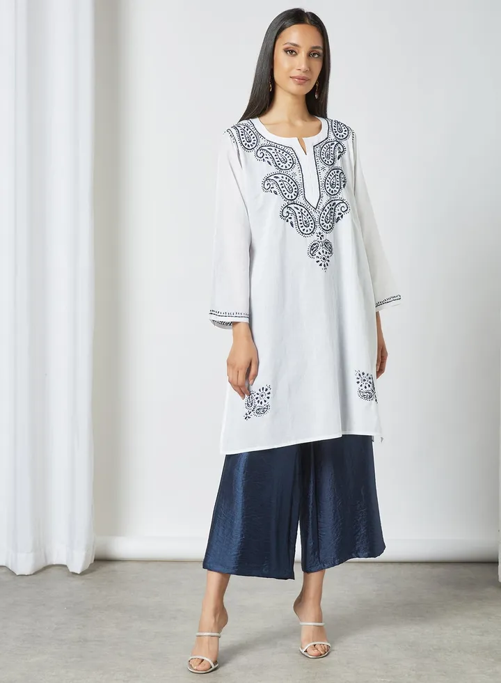 Long Sleeves Ethnic Kurta White/Blue