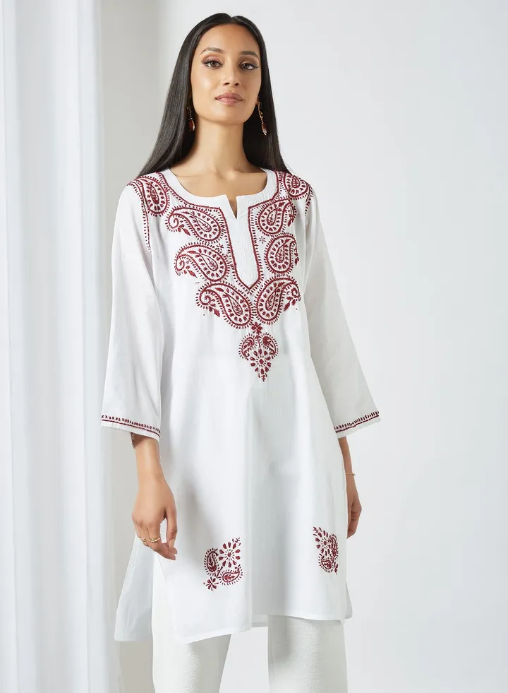 Long Sleeves Ethnic Kurta White/Red