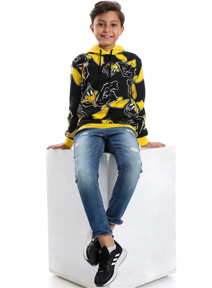 Black Printed Hoodie With Drawstrings _Black