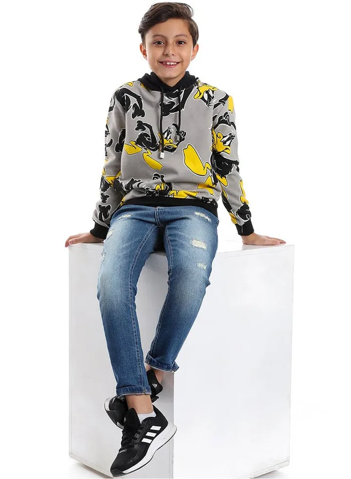 Cotton Grey Duck Printed Long sleeved Hoodie_Grey