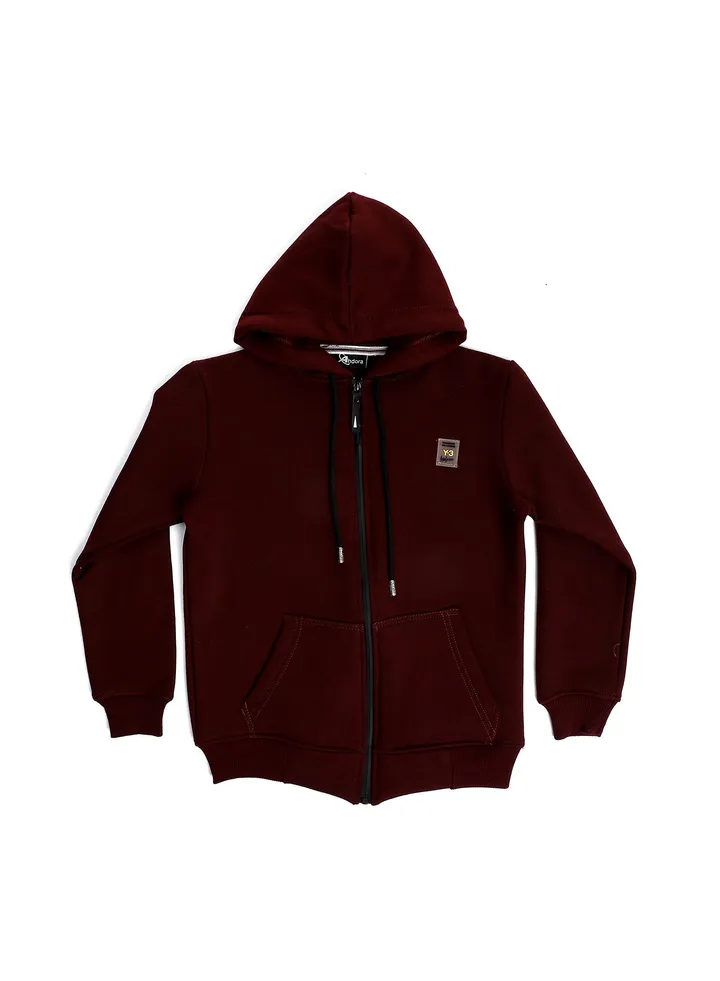 Boys Plain Inner Fleece Zipper Hoodie - Dark Burgundy