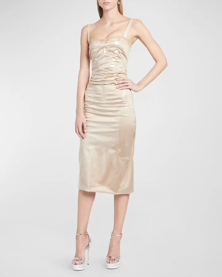Ruched Vinyl Layered Bustier Midi Dress