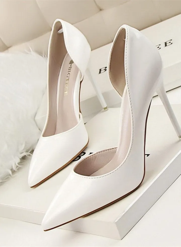 Lacquer Leather Shallow Mouth Pointed Hollow High Heel Shoes 10.5CM White