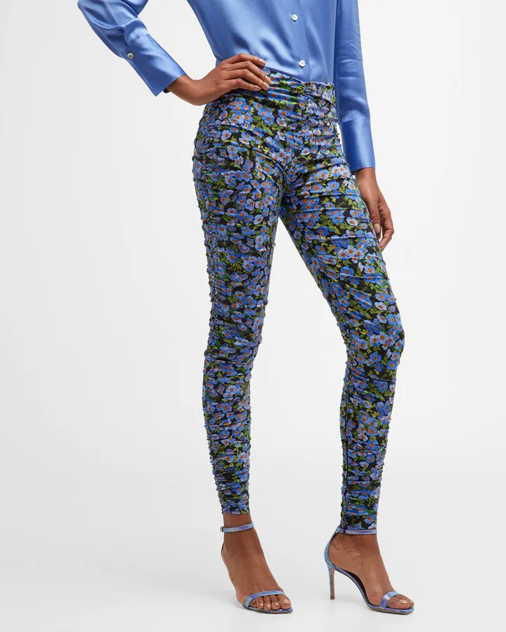 High-Rise Floral-Print Ruched Skinny-Leg Ankle Pants