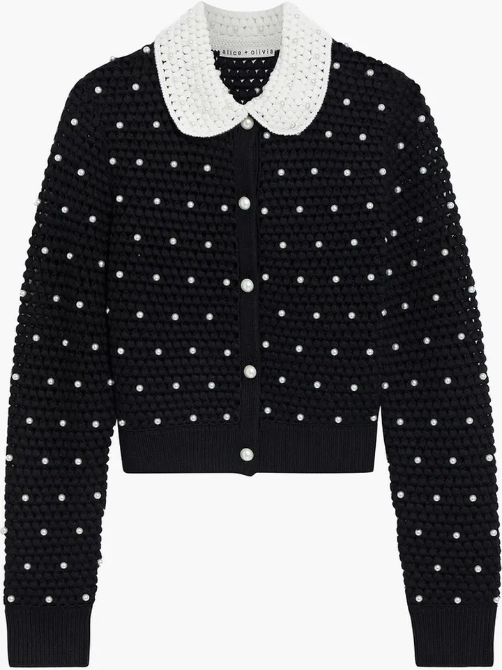 Collins embellished two-tone crochet-knit wool cardigan