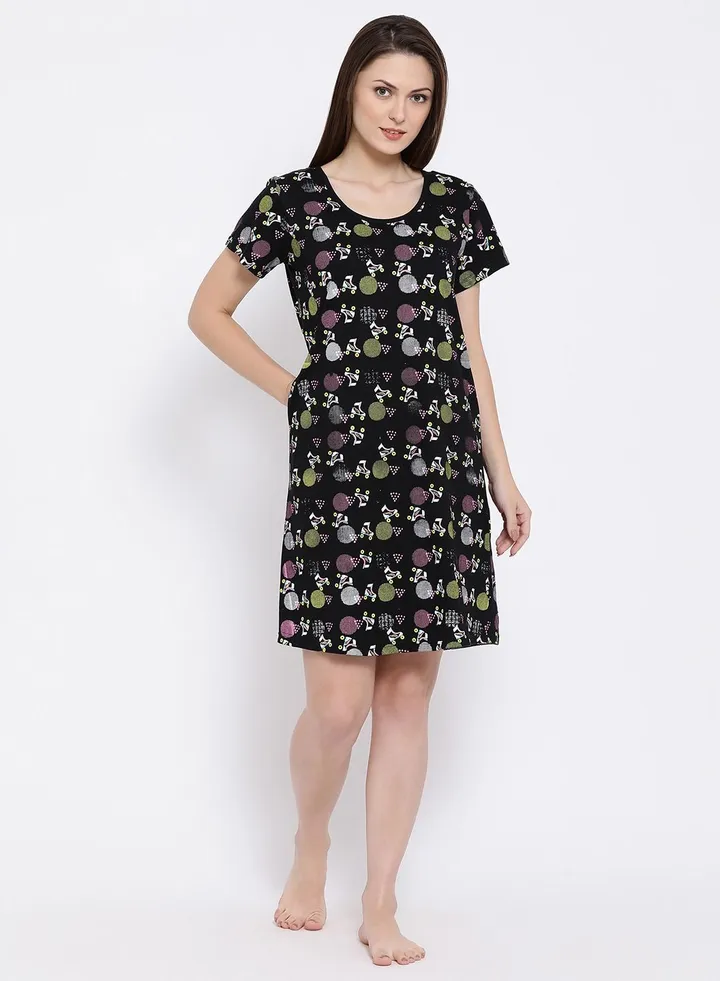 Clovia Printed Short Night Dress - Cotton Black