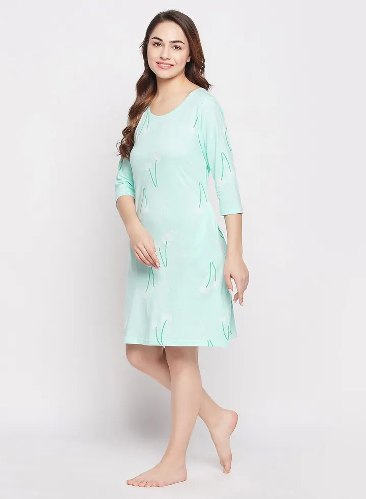 Clovia Pretty Florals Short Night Dress In Baby Blue - 100% Cotton