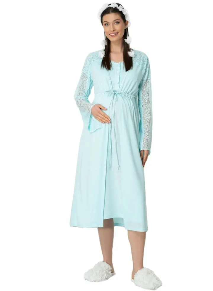 Lace Sleeve Maternity Nightgown Mint with Robe