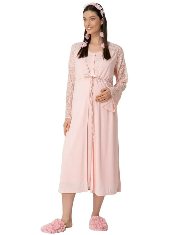 Lace Sleeve Maternity Nightgown Powder Pink with Robe