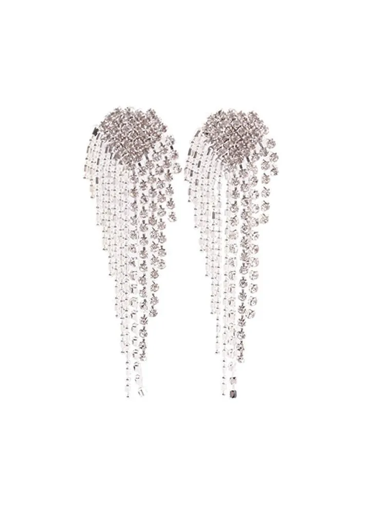 Alloy Rhinestone Studded Tassel Earrings Silver/Clear
