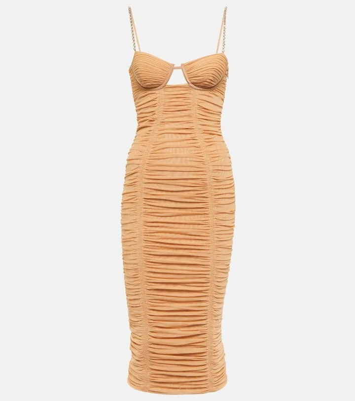 Embellished ruched midi dress