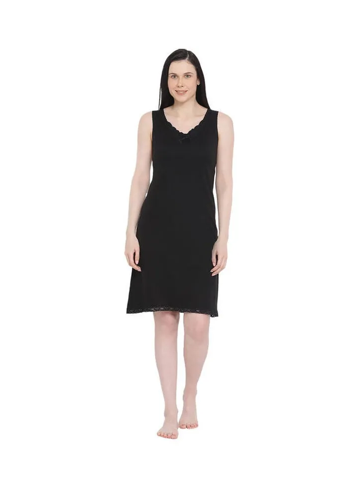 Lace Detail Midi Nightdress Slip Black