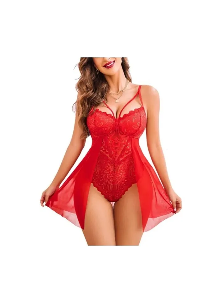 1-Piece Adjustable Straps Lace Nightgown,Slim Women Lingerie Dress,Nightwear Sleeping Dress,Ladies Home Dressing,Colour Red