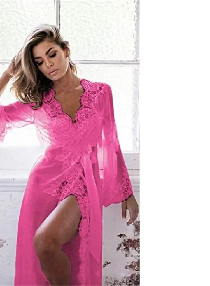Women Long Lace Gauze Nightgown Sleep Robe Dress With thong And Waist Belt Set
