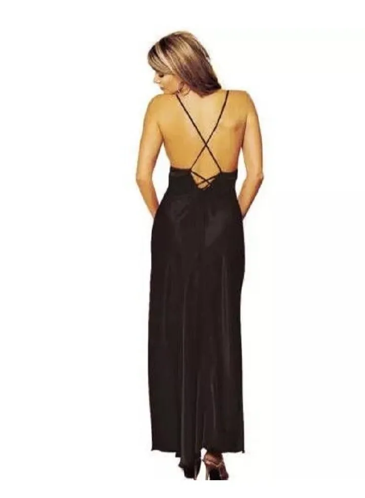 Women Backless Lace Trim Nightgown Lingerie Satin Sleeveless Sleep Wear Dress.