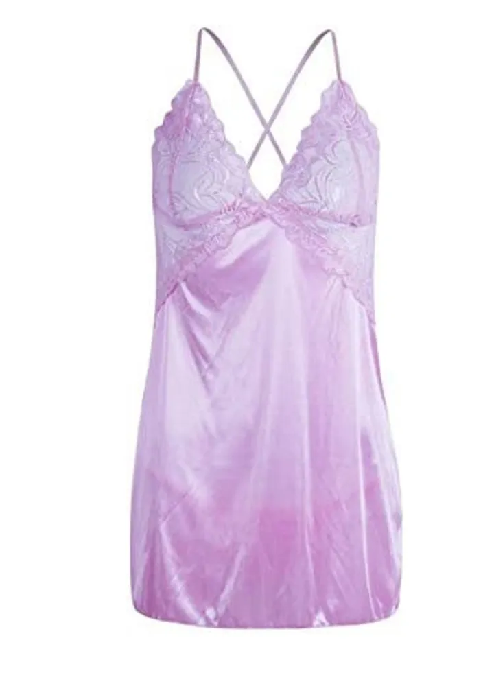 Satin Criss Cross of Back Night Dress Sleepwear