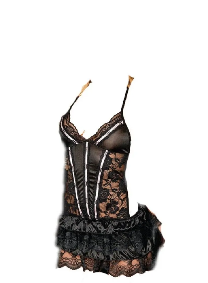 Women Lace Up Side Spaghetti Strap Satin Sleepwear Babydoll Nightdress