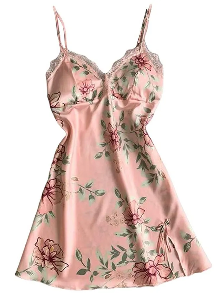 Women Floral Print Mini Satin Cami V Neck Sleepwear Nightdress .