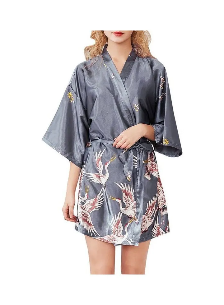 V-Neck Bandage Robe Style Nighdress Grey