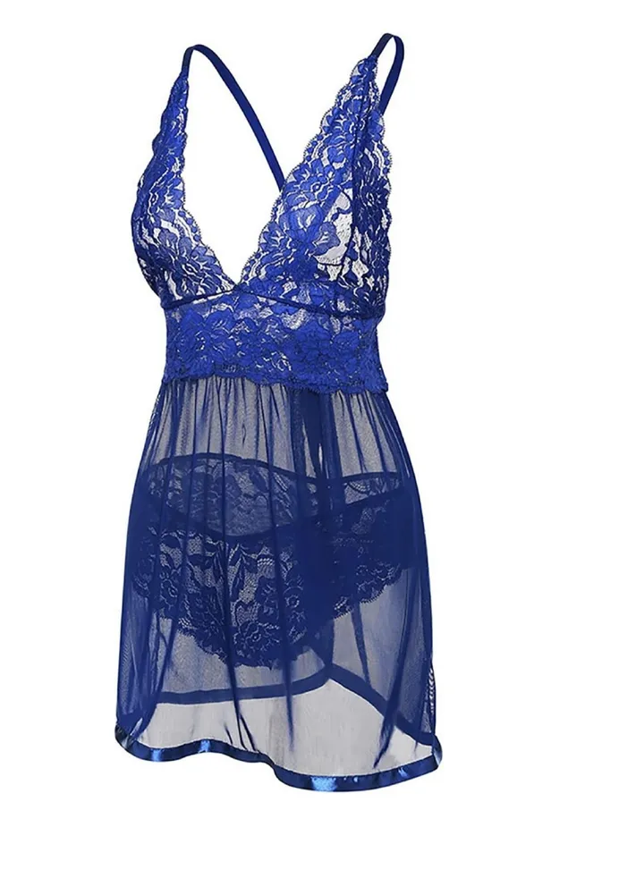 Women Nightwear Deep V Neck Lace Trim Mesh Sleeveless Sleepwear Dress.