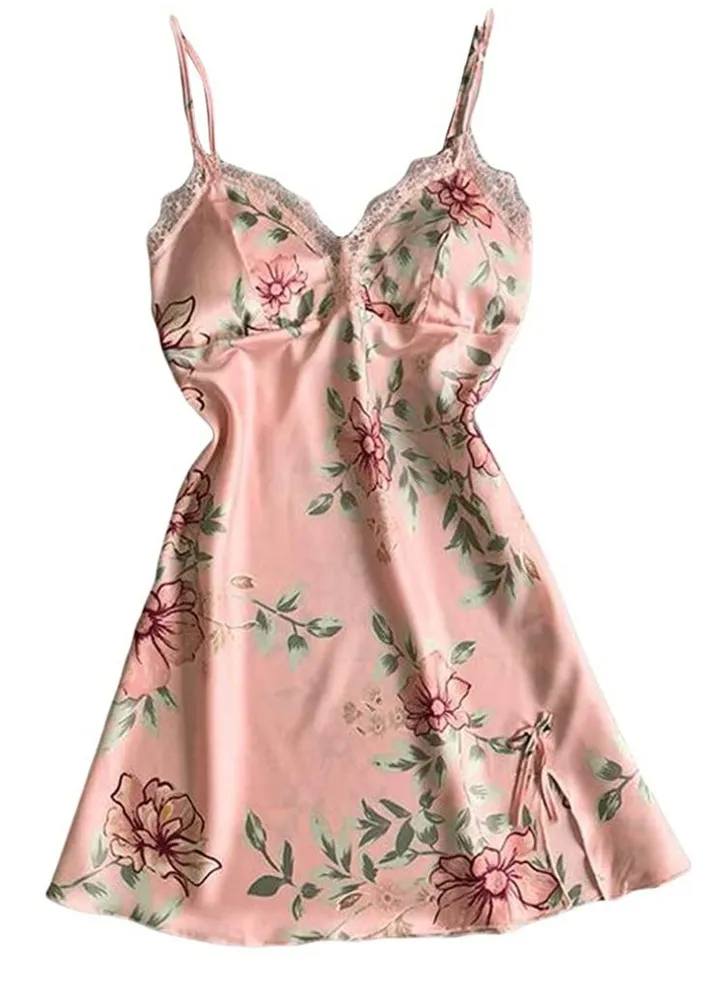 Women Floral Print Mini Satin Cami V Neck Sleepwear Nightdress .