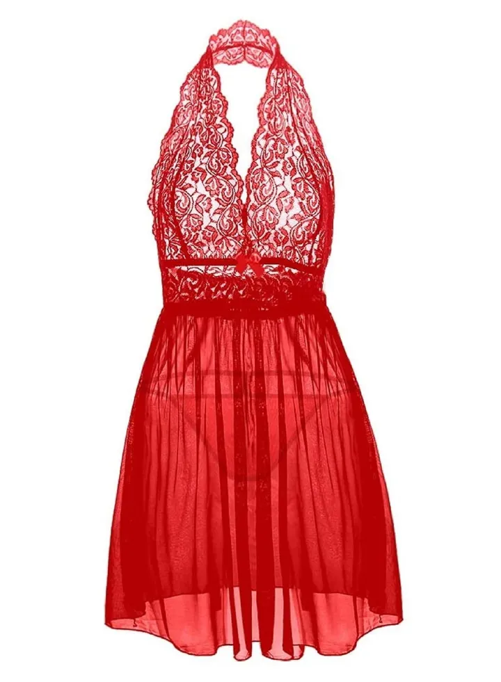 Women Large Size Babydoll Lingerie See Through Lace Embroidery Gown Dress
