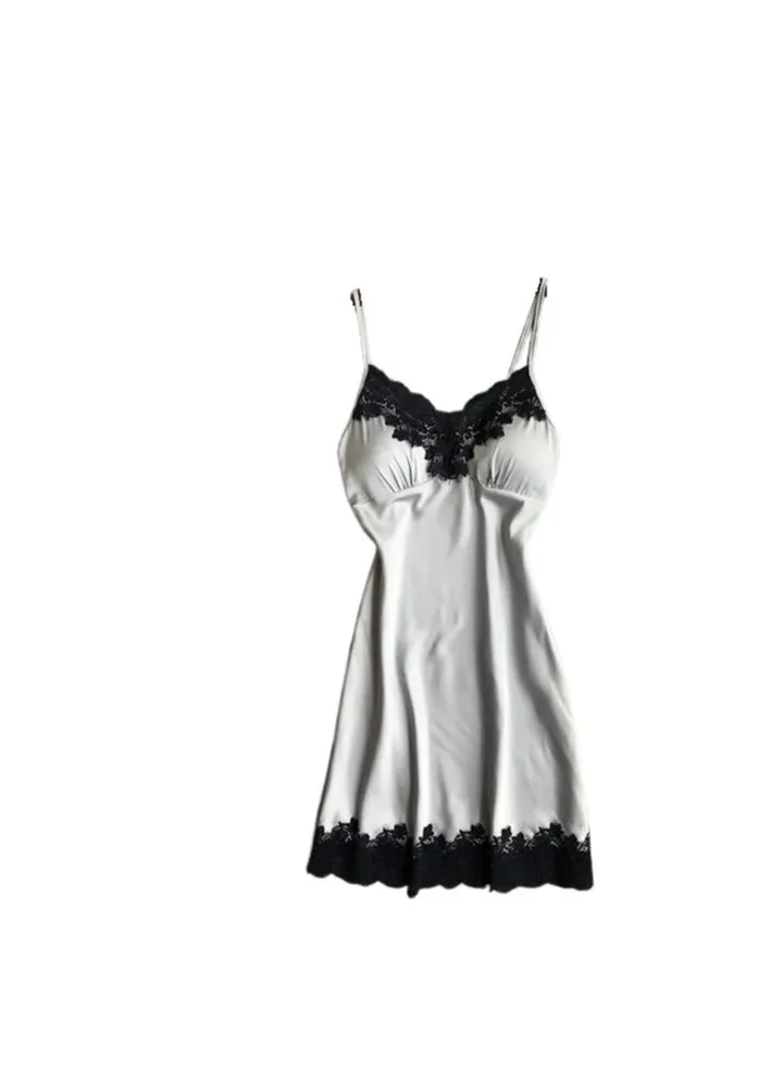 Women Lace Satin Trim V Neck Padded Silk Slip Strap Mini Lingerie Nightdress
