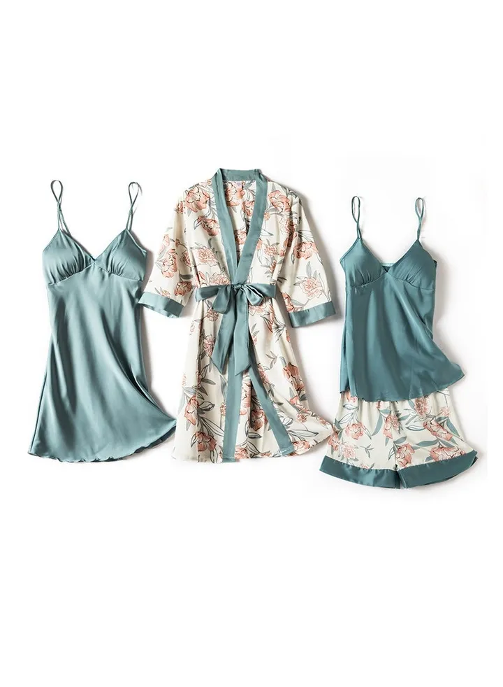 Spring and summer feminine ice silk pajamas four-piece set with suspenders and long sleeves