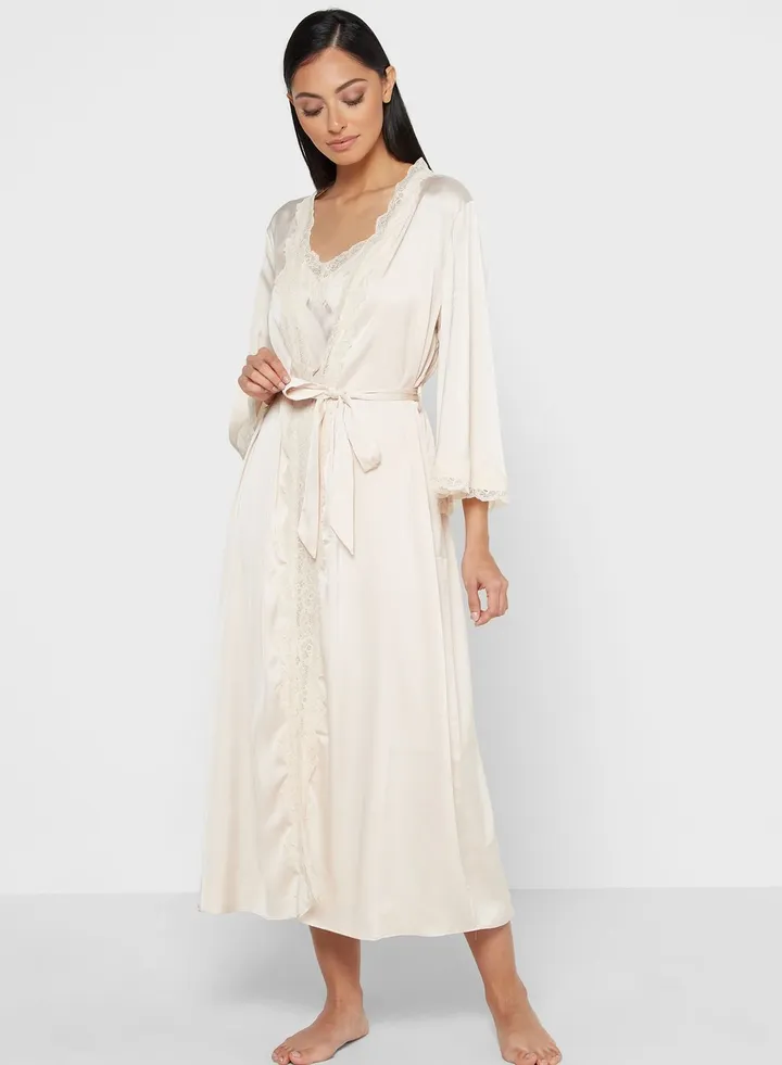 2 In 1 Robe Stylish Nightdress Set Cream White