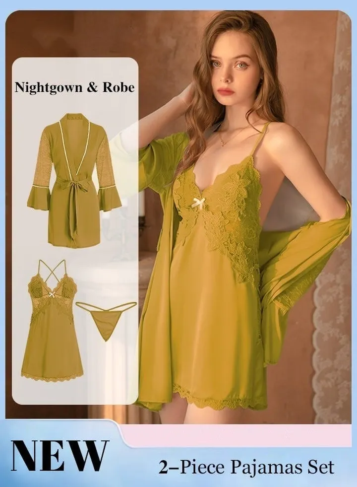 2-Piece Set of Women Pajamas with V-Neck Design Women Home Wear Set Same Color Outer Robe and Lace Element Nightgown