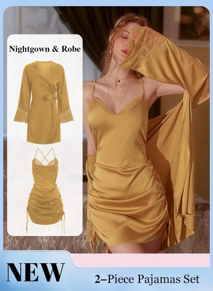 2-Piece Set of Women Pajamas with V-Neck Design Women Home Wear Set Same Color Outer Robe and Lace Element Nightgown
