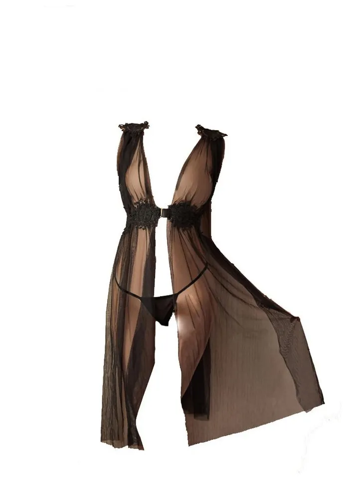 See-through Tulle Night Gown Floral Waist Belt Sleeveless Sleepwear
