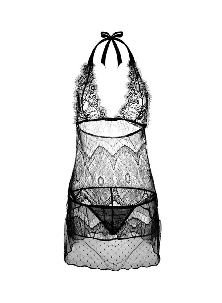 Lace Deep V Sleepwear Nightdress Black