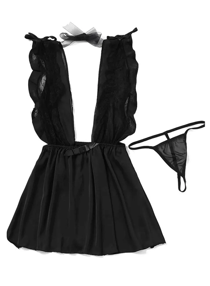 Ruffles Sleeveless Babydoll Nightdress Black