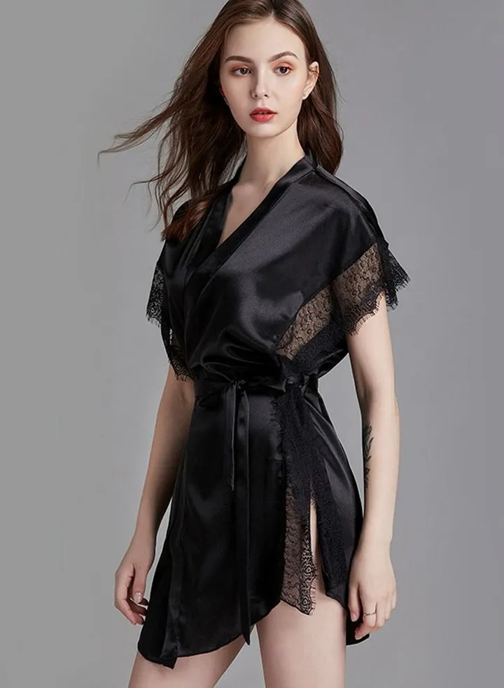 Women's Solid Color Lace Nightgown Soft Loungewear Sleepwear Dress Black