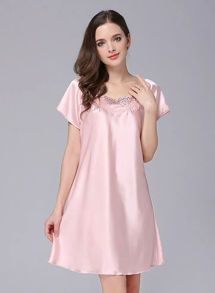 Women's Solid Color Jacquard Nightgown Short Sleeve Nightdress Soft Lingerie Sleepwear Light Pink