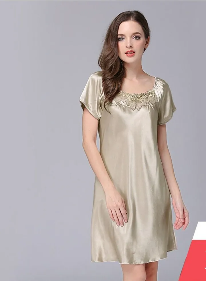 Women's Solid Color Jacquard Nightgown Short Sleeve Nightdress Soft Lingerie Sleepwear Camel